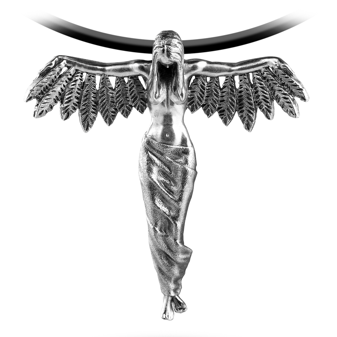 Captured angel woman feathers wings silver pendant