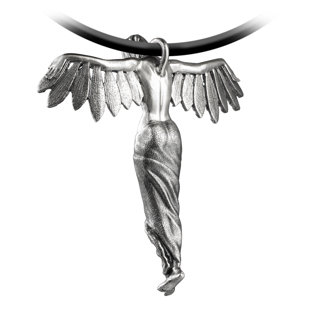 Captured angel woman feathers wings silver pendant
