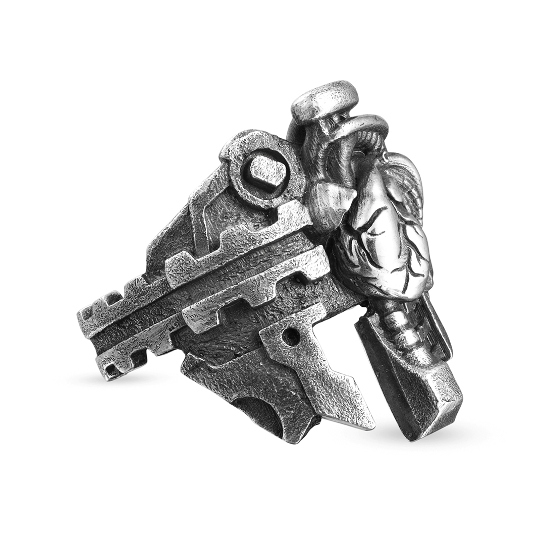 Cyberheart heart cyberpunk biker silver ring